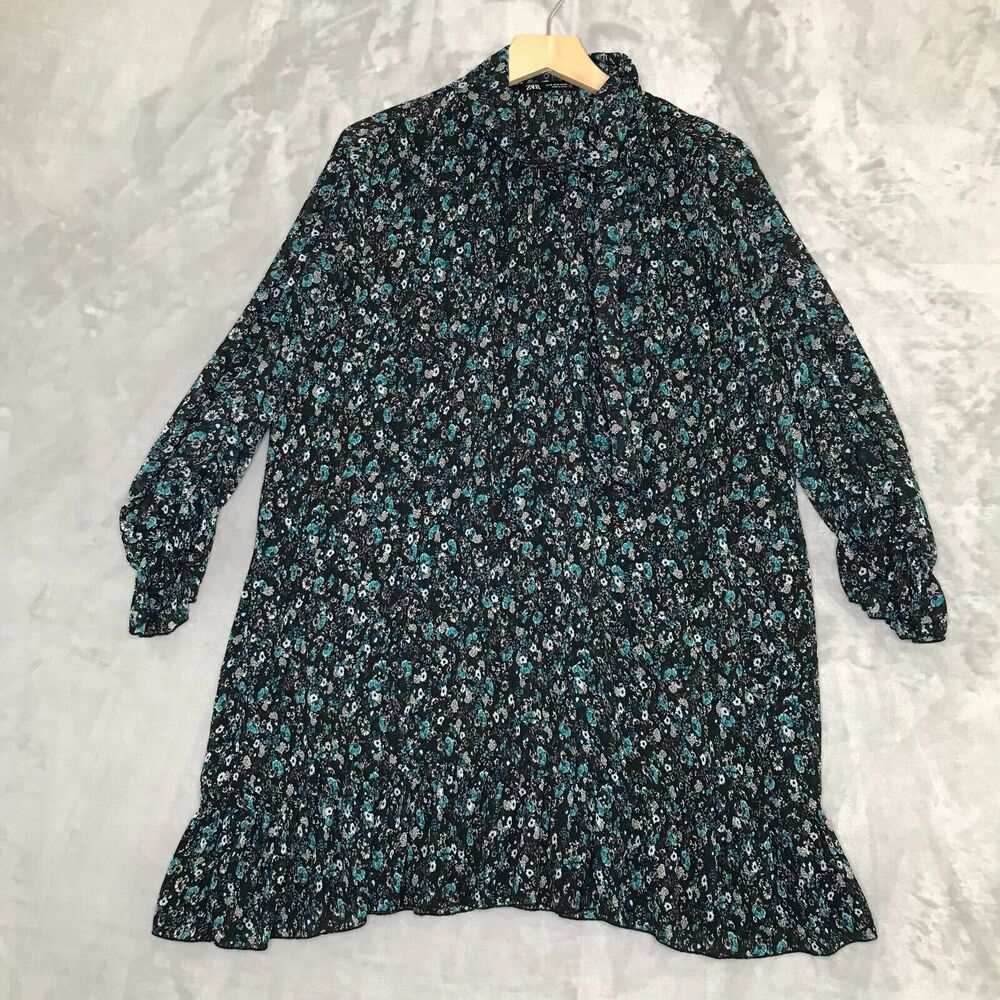 Zara Dress Womens Small Blue Floral Drop Waist High Neck Ruffle Sheer Prairie